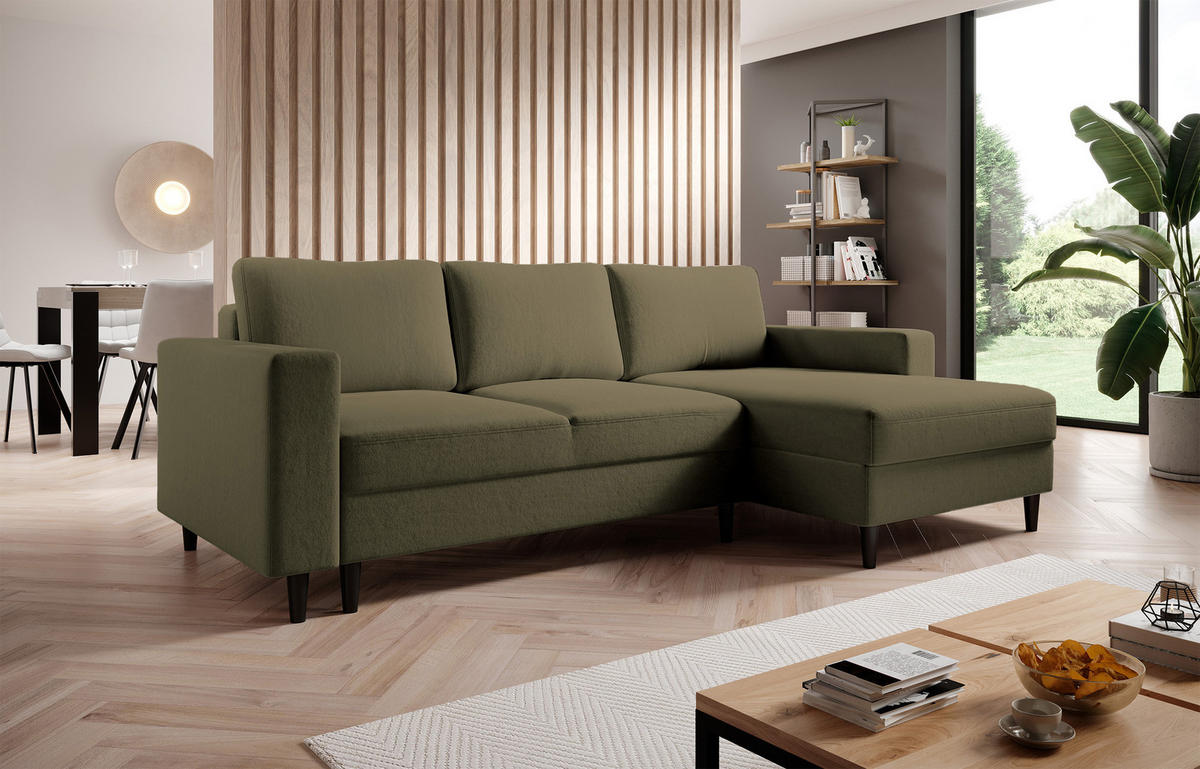 ECKSOFA Nalika Olivgrün Velours - Schwarz/Olivgrün, Holz/Textil (230/143cm) - Selsey