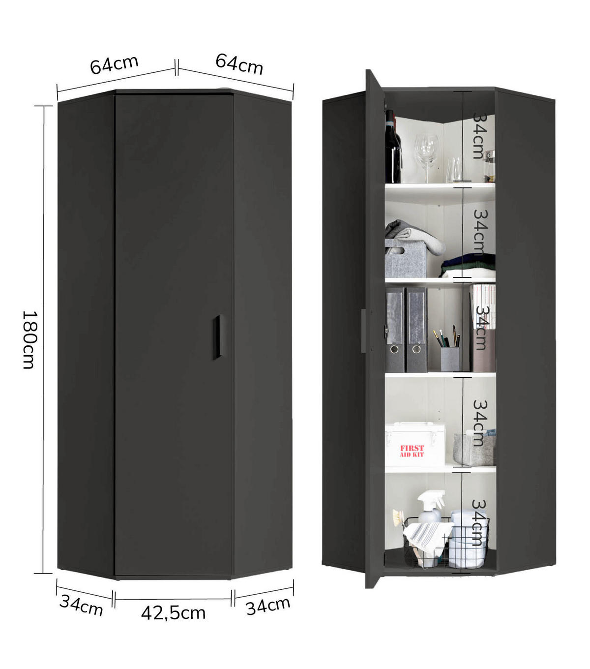 ECKSCHRANK Der Lange - Anthrazit/Schwarz, Holzwerkstoff (64/180/64cm) - Mokebo