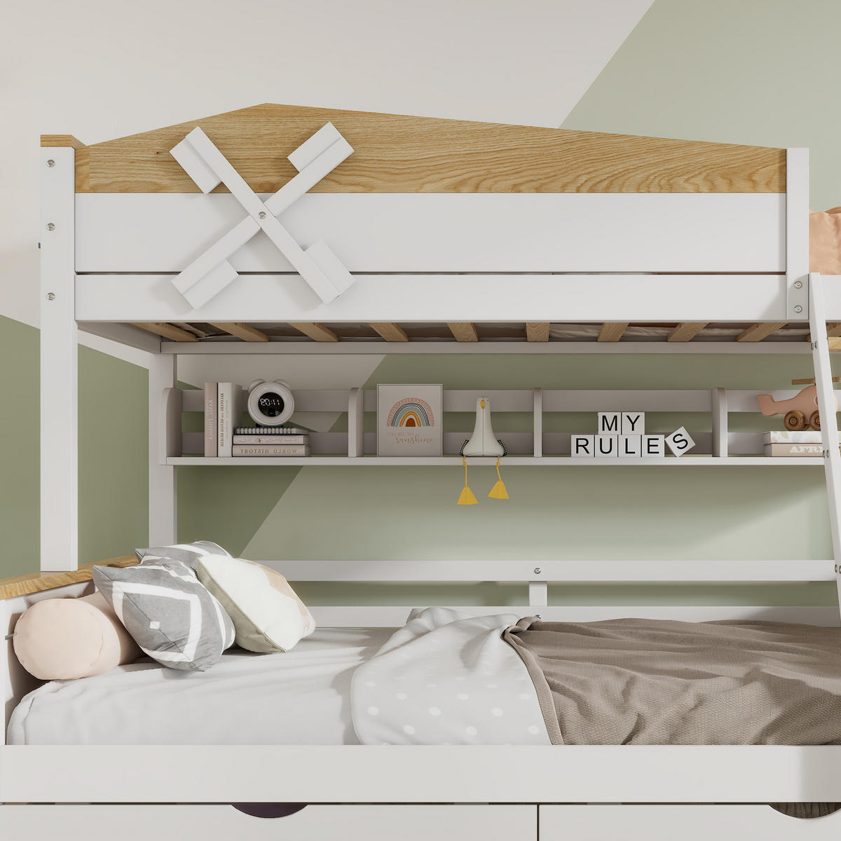 ETAGENBETT 90/200 cm mit Windmühle Weiß+Natur aus Kiefer und MDF mit Regalen und Schubladen - Weiß, Holzwerkstoff (90/200cm) - OKWISH