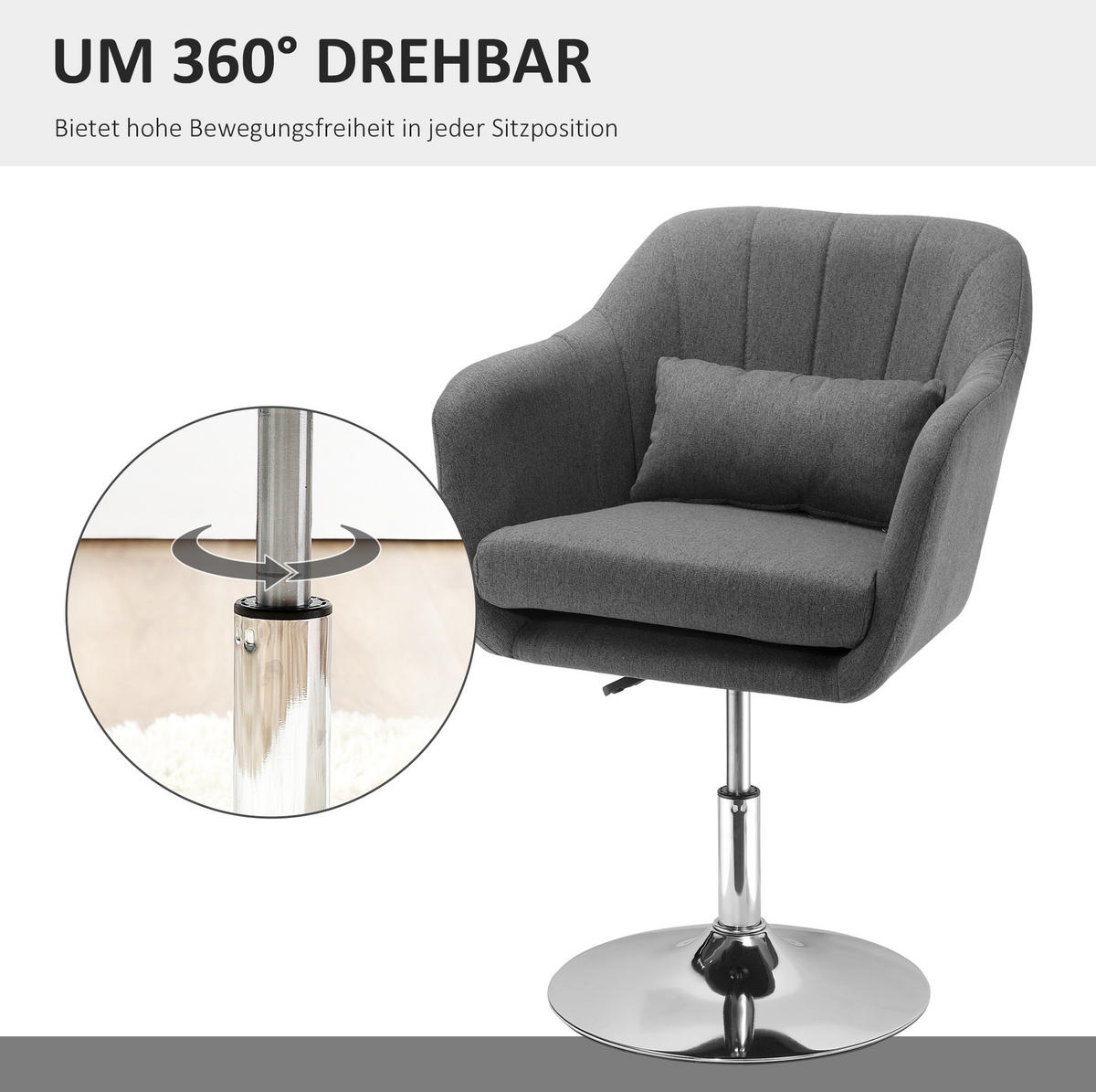 DREHSTUHL, höhenverstellbar & 360° drehbar, gepolstert mit leinenartigem Polyester, 60/60/79-91 cm, dunkelgrau - Dunkelgrau, Kunststoff (60/91/60cm) - Redom