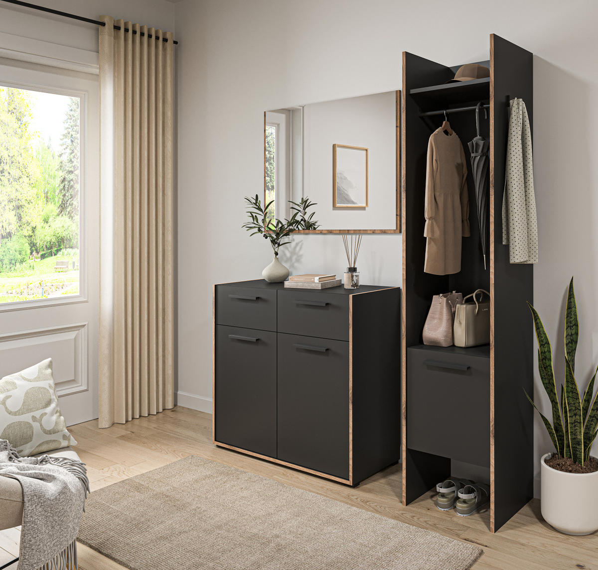 GARDEROBE grau und Nox Eiche, Kompaktgarderobe 42 x 189 cm, Salud - Dunkelgrau/Schwarz, Holzwerkstoff/Kunststoff (42/189/37cm) - Inn.Furn