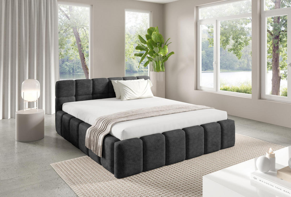 POLSTERBETT NUBO Medium 140x200 cm mit Bettkasten – PERFECT HARMONY 90 - Dunkelgrau, Holz - Dekori_Interiors