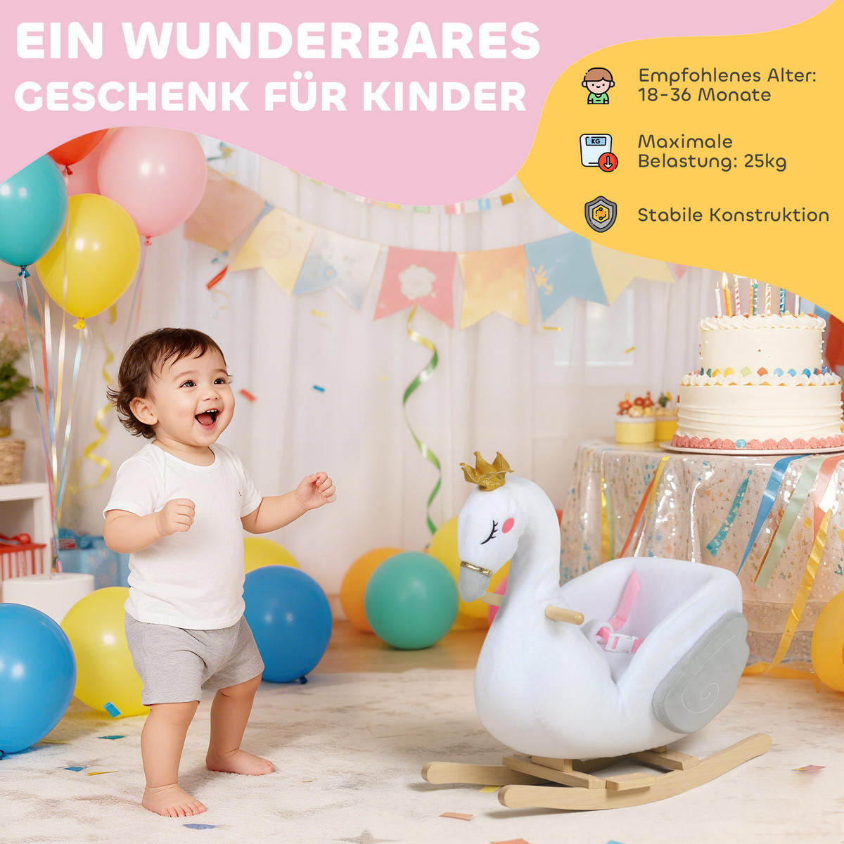 SCHAUKELTIER, Schwan-Schaukel mit Schlaflied weicher Füllung Holzrahmen Plüsch - Weiß, Textil (40/68/65cm) - AIYAPLAY