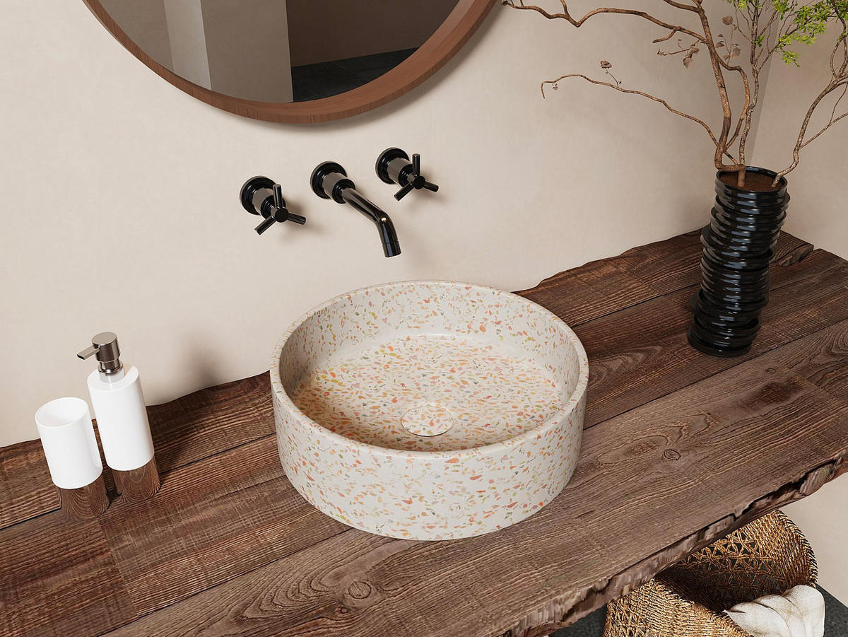 RUNDES Aufsatzwaschbecken aus Terrazzo - Rosa - 39 cm - DUKAT - Pink, Stein (39/12/39cm) - Vente-Unique