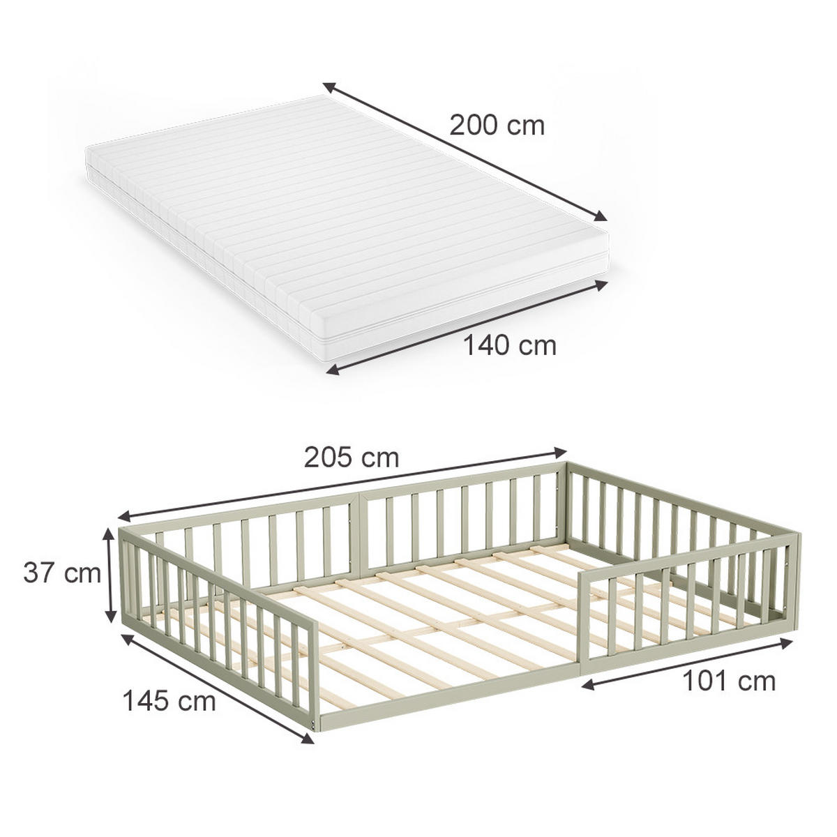 BODENBETT AUS METALL Minno Greige 140x200 mit Matratze - Greige, Metall - VitaliSpa