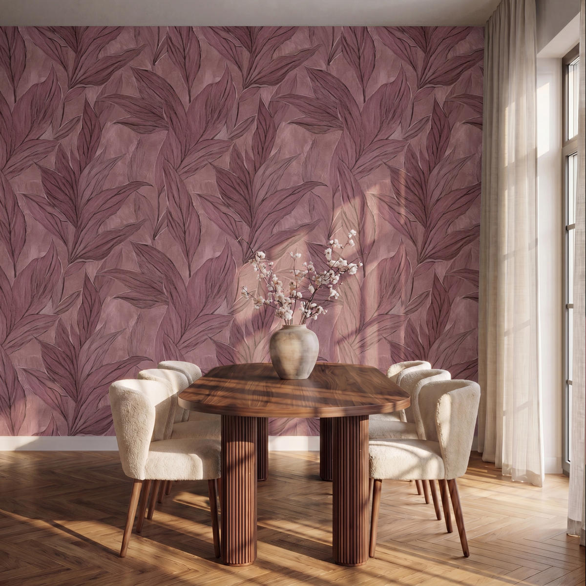 TAPETE - Blätter - Muster - Lila - 350x280 cm - Altrosa, Papier (350/280cm) - OnlyWow