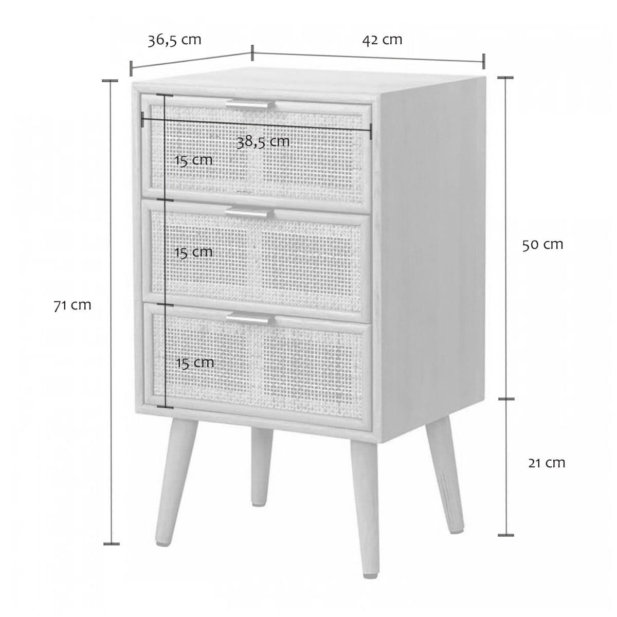 NACHTTISCH mit 3-Schubladen-Front aus natürlichem Rattangeflecht - Eschefarben, Holzwerkstoff (36.5/71/42cm) - Calicosy