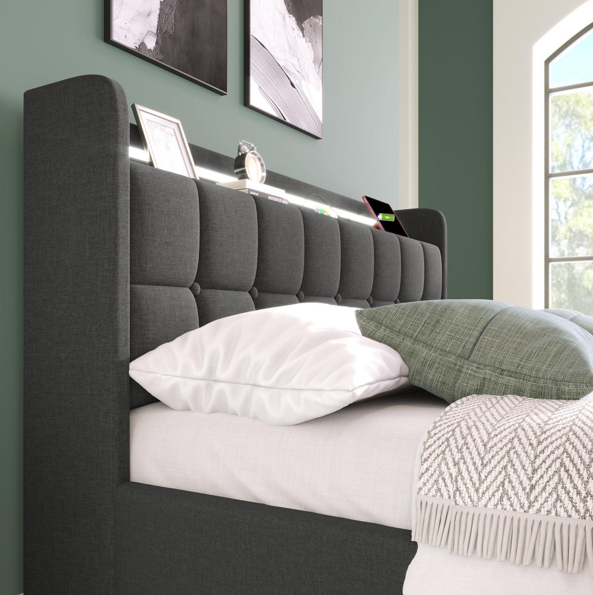 POLSTERBETT 180/200 cm Grau aus Holz mit LED-Beleuchtung - Grau, Holz (180/200cm) - OKMYHOME