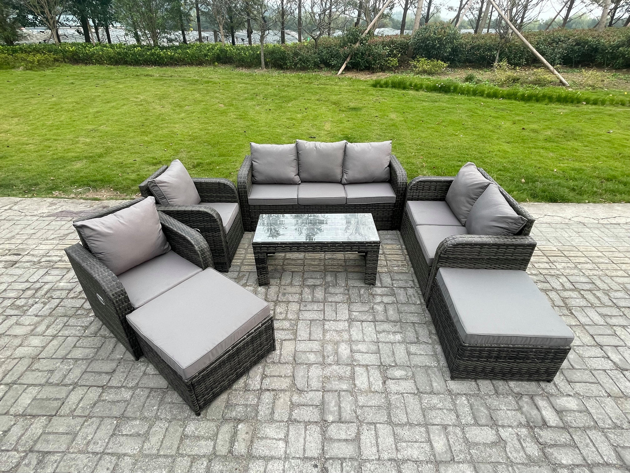 GARTENMÖBEL SET mit Sofa Polyrattan 9-Sitzer Dunkelgrau - Dunkelgrau/Grau, Glas/Kunststoff - Fimous
