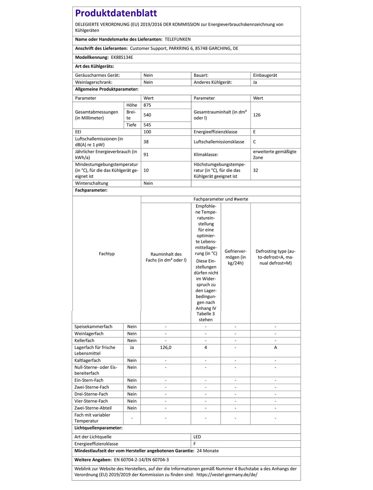 EINBAUKÜHLSCHRANK, ohne Gefrierfach, 88cm Nische, Schlepptür-Technik, 126 Liter Nutzinhalt, Temperaturregelung, weiß, EK88S134E - Weiß, Glas/Kunststoff (54/87.5/54.5cm) - Telefunken