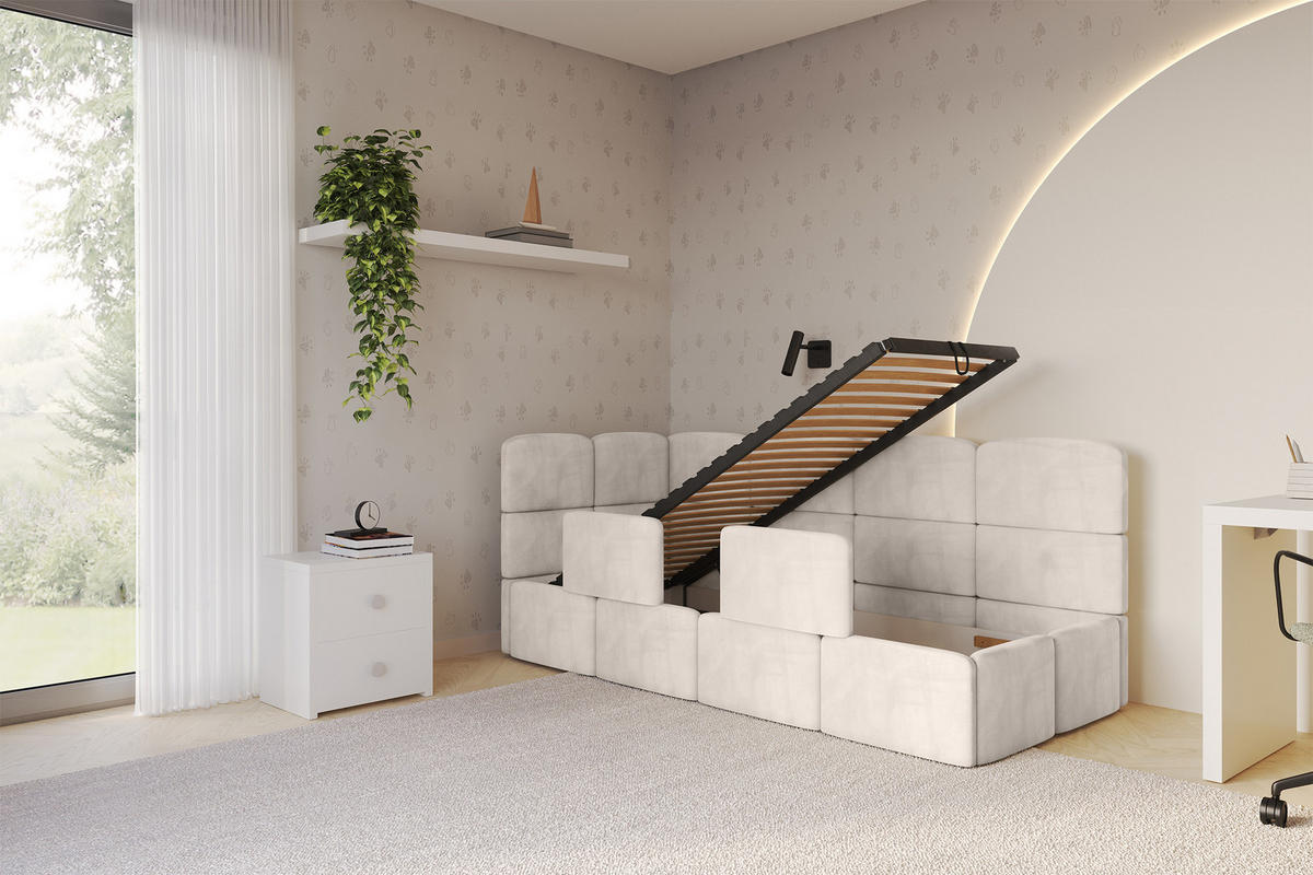 EINZELLBETT Jugendbett mit Bettkasten und Matratze H3/H4, Rechts - KIVY 80x200 Beige - Sandfarben, Holzwerkstoff/Textil (80/200cm) - ALTDECOR