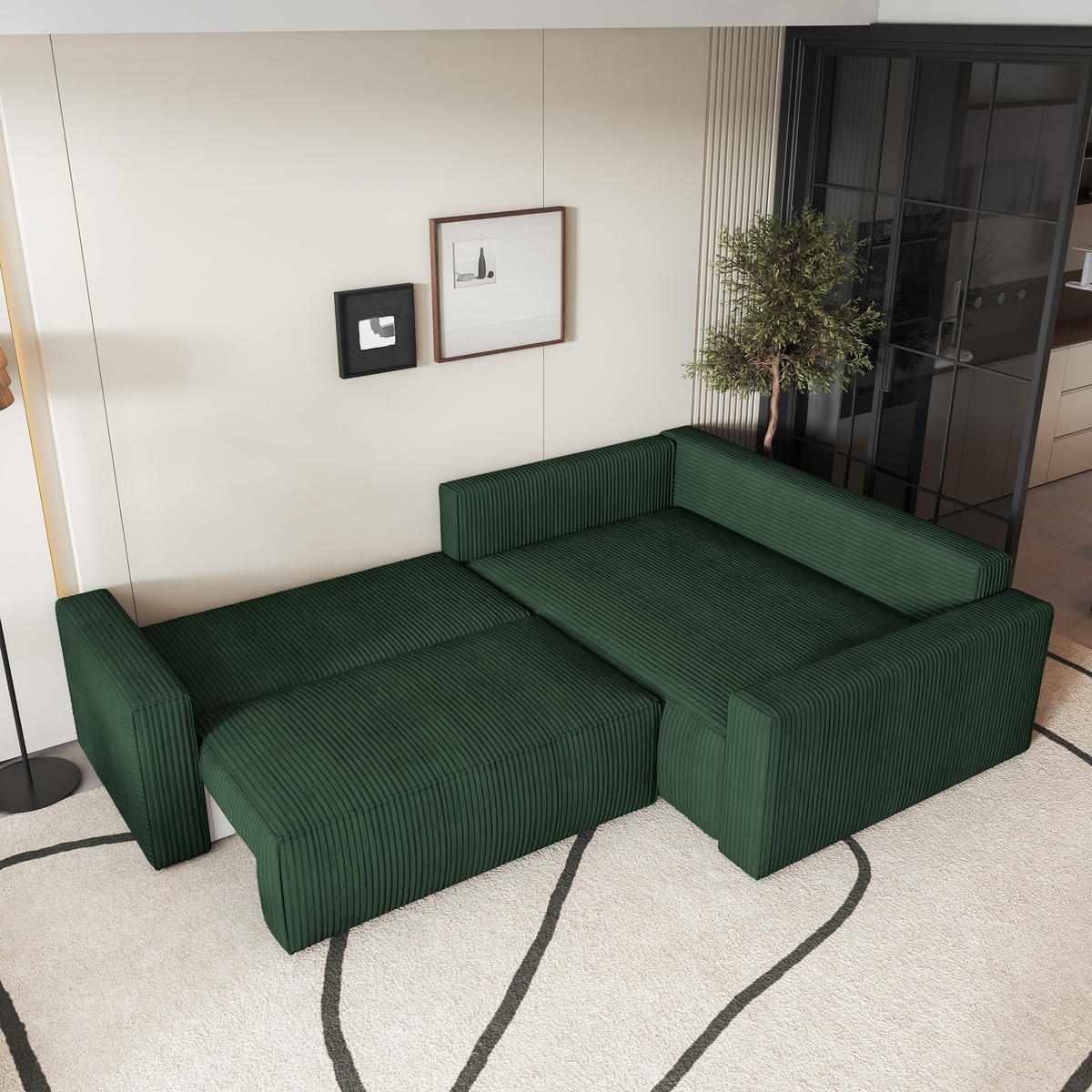 ECKSOFA ERONIS R-S Grün Kordstoff mit Schlaffunktion - Grün, Holz (265/194cm) - MASSENO