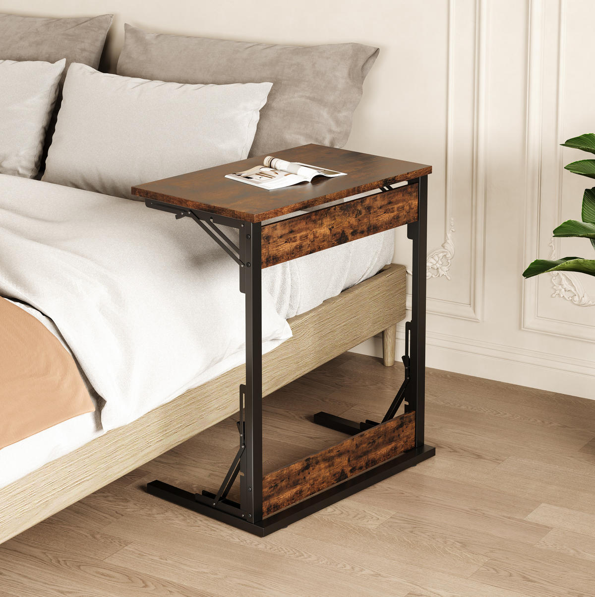 BEISTELLTISCH aus Metall und Holzwerkstoff 60x37x71 cm Rustikales Braun klappbar mit verstellbaren Füßen - Braun, Holzwerkstoff (60/37/71cm) - Modfu