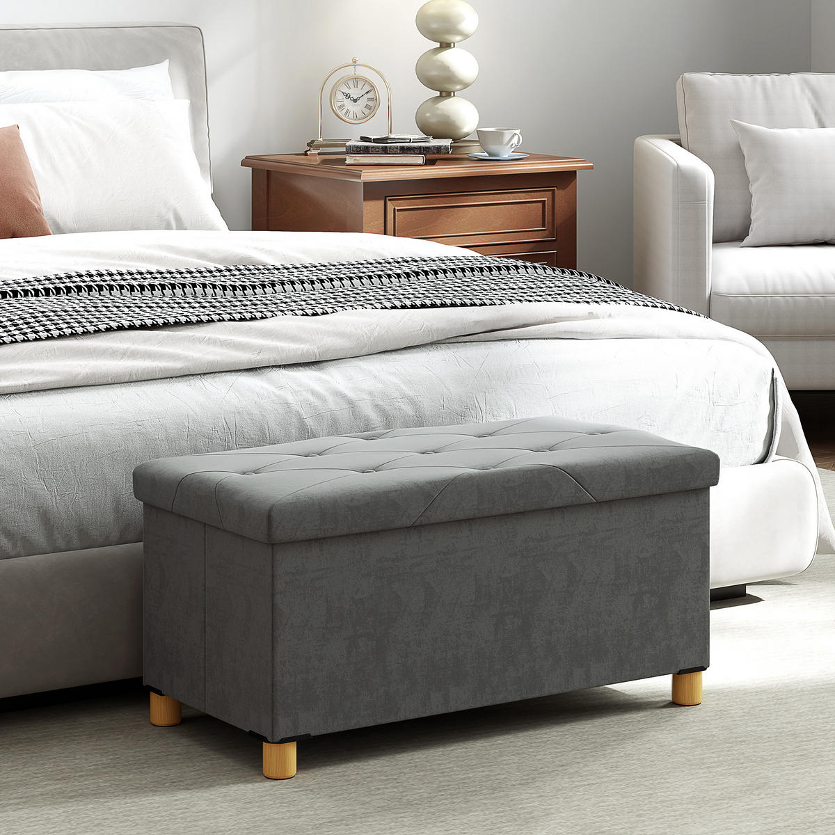 TRUHENBANK DE-16388 klappbar mit Stauraum und Knopfheftung Grau - Grau, Textil (76/38/38cm) - ComfortXL