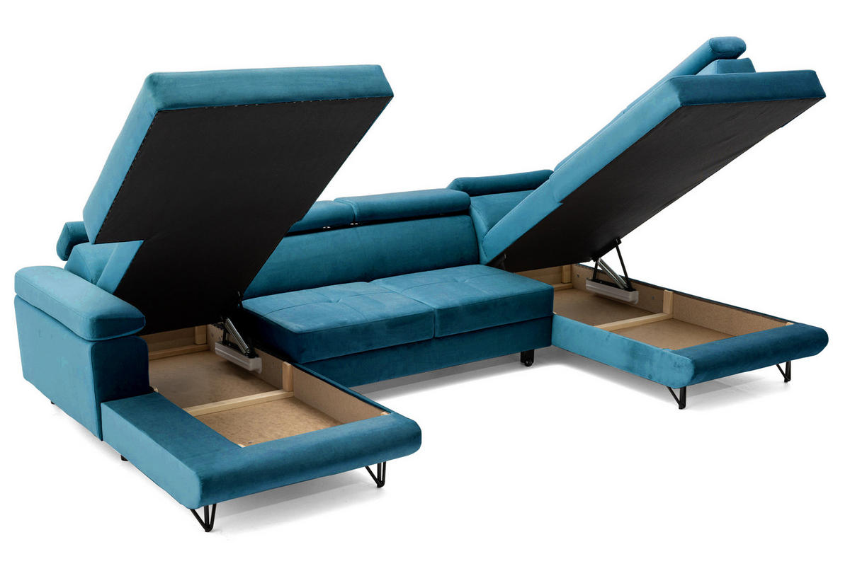 ECKSOFA U-Form JUNIOR U Rechts mit Schlaffunktion 128x254 Velours Smaragdgrün - Smaragdgrün/Schwarz, Holz/Textil (184/90/323cm) - Muffo