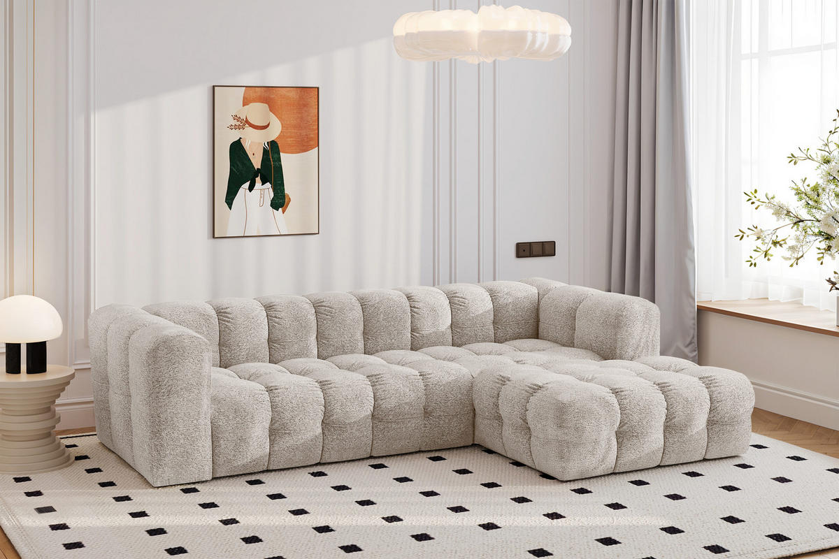 ECKSOFA L-form BALOO L, Chenille-Stoff Arena, Ecru, Rechts - Ecru, Holz (280/193cm) - Kaiser Möbel