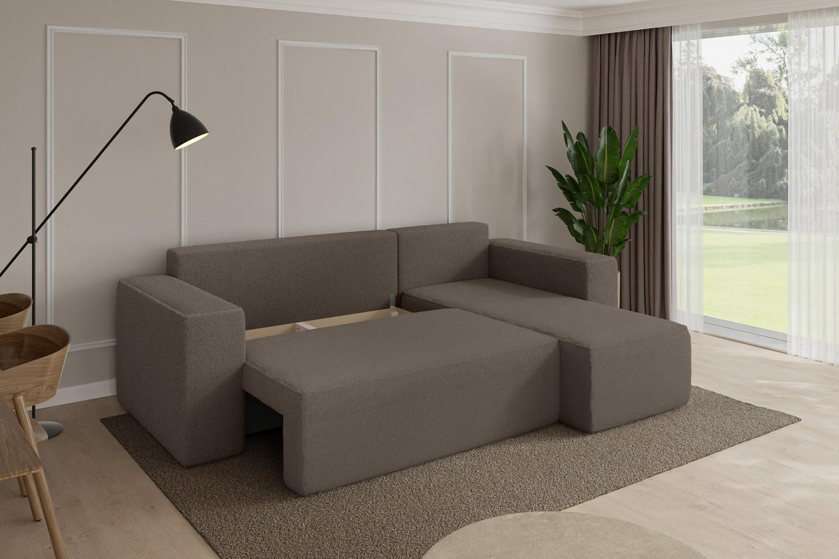 ROHOVÁ SEDAČKA s funkcí spaní, otoman vpravo SENO-L 249x139x85 hnědá bouclé - černá/hnědá, kompozitní dřevo/textil (249/139cm) - ALTDECOR