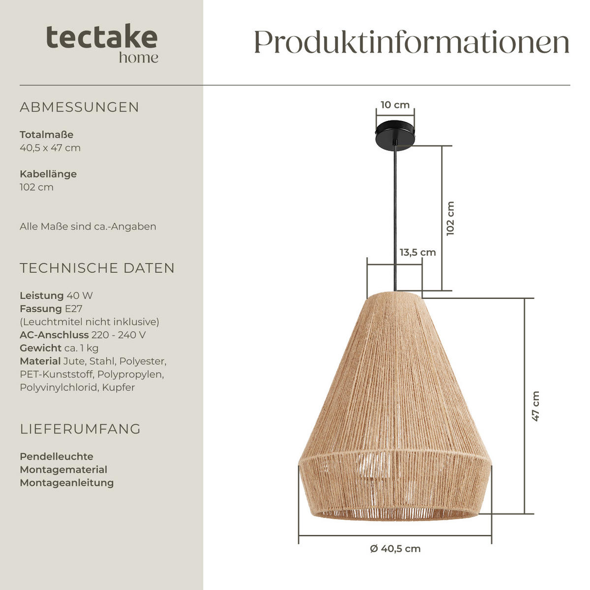 HÄNGELEUCHTE Pendelleuchte Suri,40,5 x 47 cm,natur - Naturfarben, Metall (40.5/40.5/47cm) - tectake
