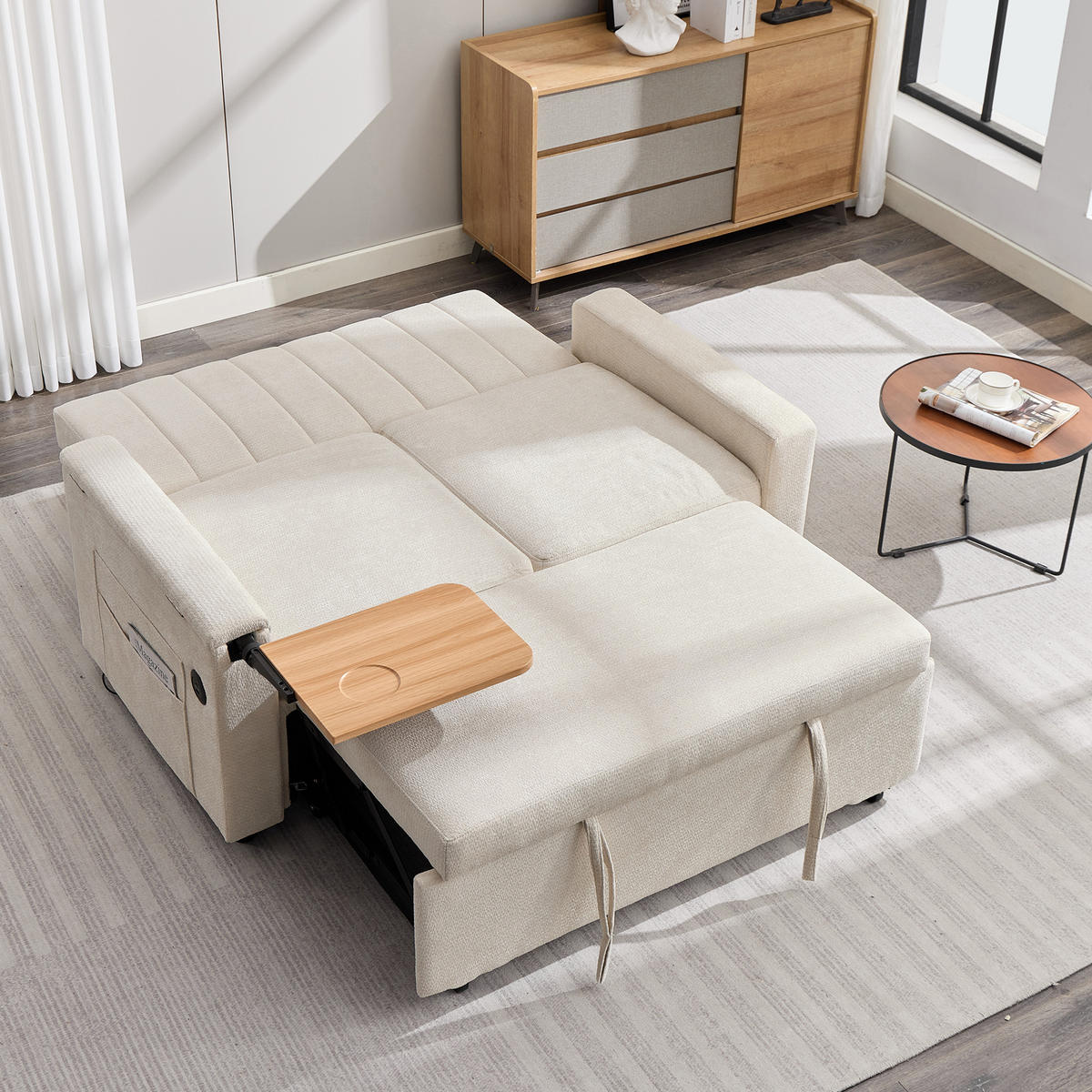 SCHLAFSOFA 140/84.5/84 cm Beige mit Klapptablett, USB & Type-C Ladeanschluss, Seitentaschen und Rollen - Beige, Textil (140/84/84.5cm) - Oxeza