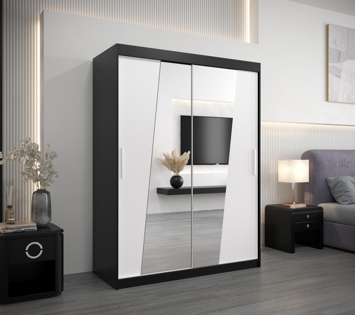 SCHWEBETÜRENSCHRANK 200/150/62 2-türig - Silberfarben/Schwarz, Holz/Kunststoff (150/200/62cm) - Abiks Möbel