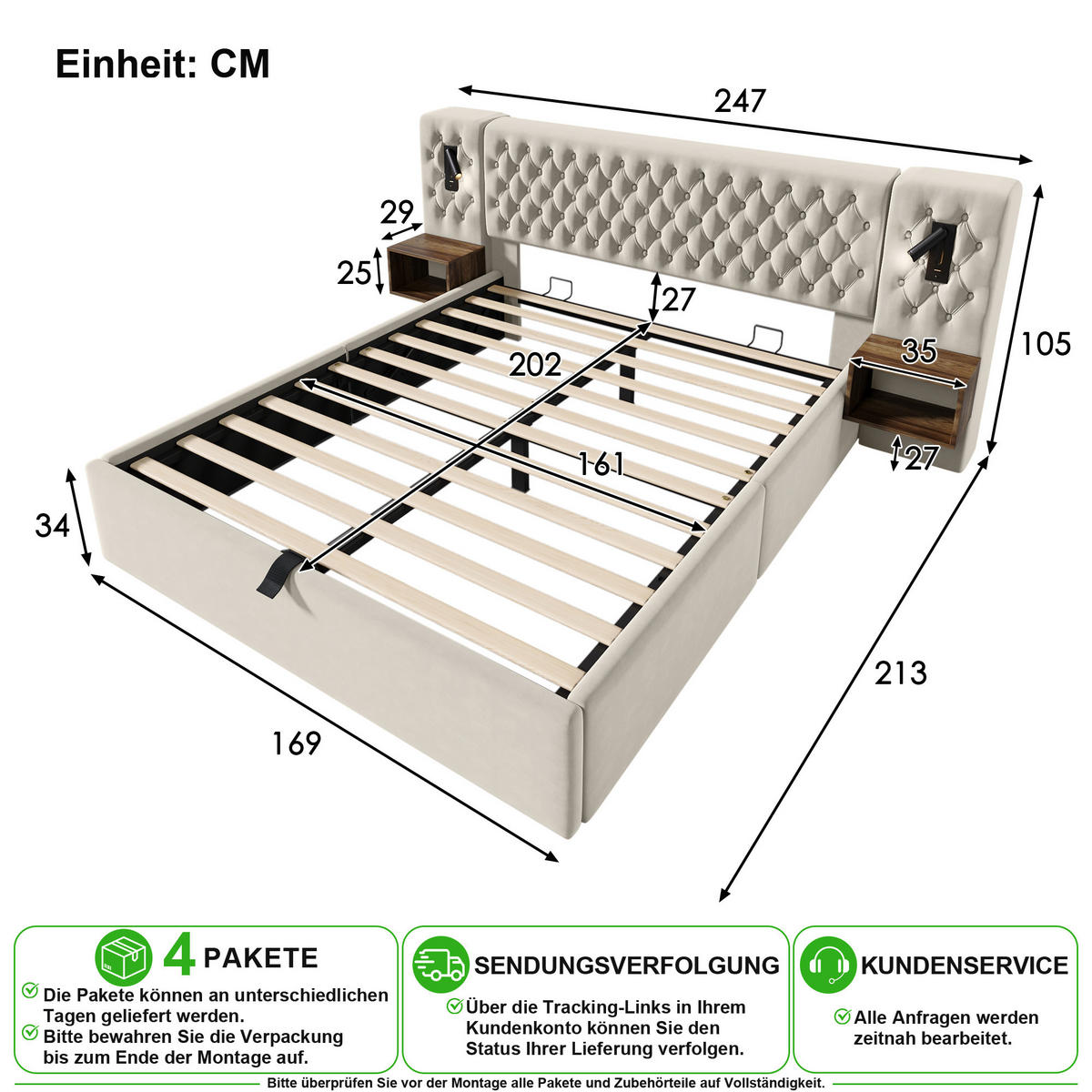 BETTANLAGE 160/200 cm in Beige Samt mit Bettkasten, Leselampen, USB und Matratze - Beige, Holzwerkstoff/Textil (160/200cm) - CHICFURN