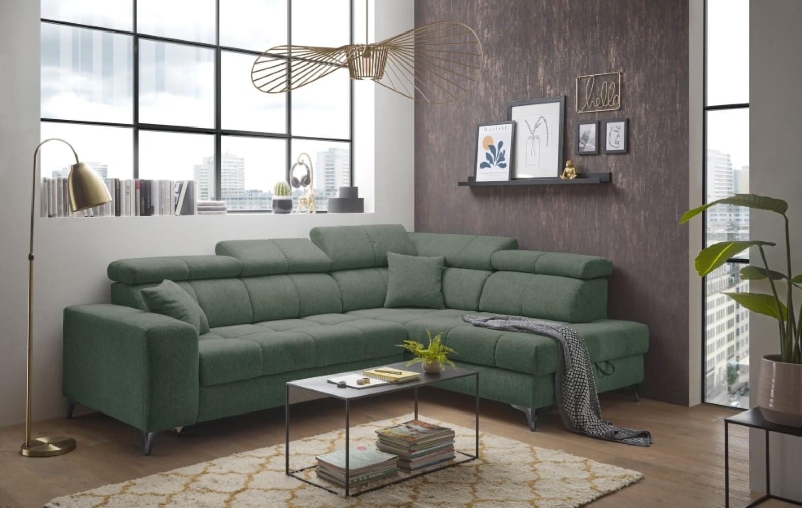 ECKSOFA mit Schlaffunktion und Bettkasten, Luxus-Mikrofaser - Schwarz/Grün, Textil/Metall (198/282cm) - ed exciting design