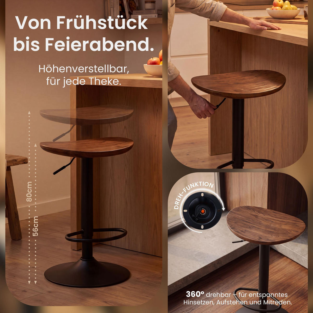 BARHOCKER 4er Set Holz Walnuss - Walnussfarben/Schwarz, Holz/Metall (41/56/39cm) - CLP