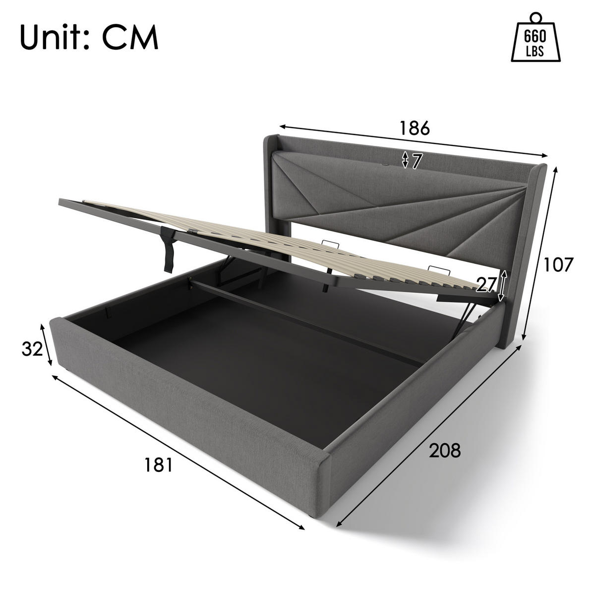 POLSTERBETT aus Baumwoll-Leinen 180x200 cm Grau mit Bettkasten, USB- und USB-C-Anschluss - Grau, Textil (180/200cm) - IVMEU