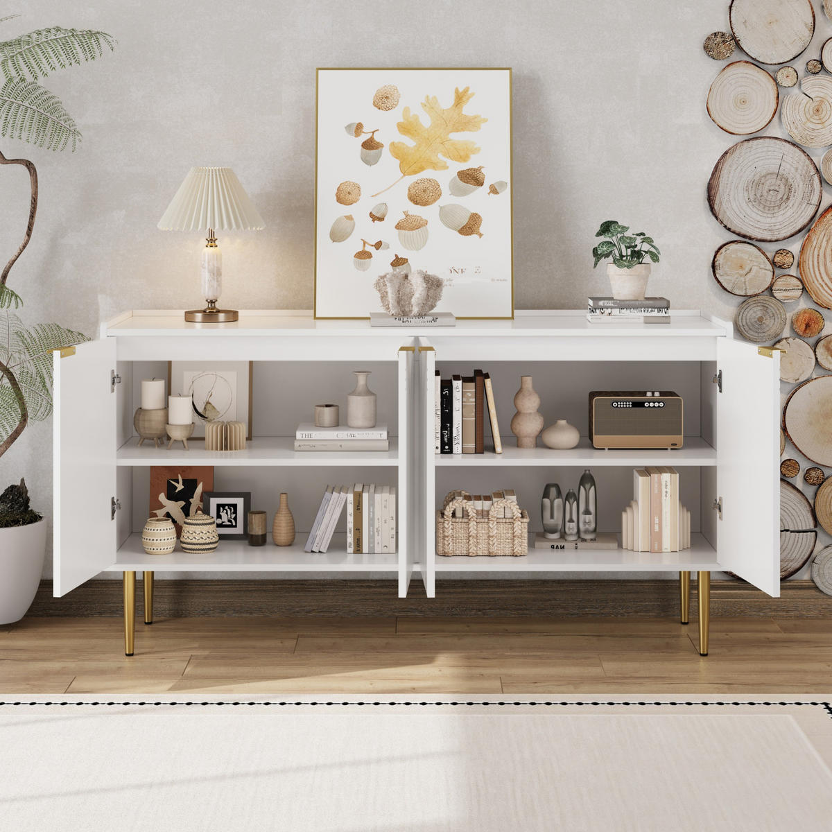 SIDEBOARD 140x75x38 cm, 4 Türen, Goldakzente, Weiß - Weiß, Holz (140/75/38cm)