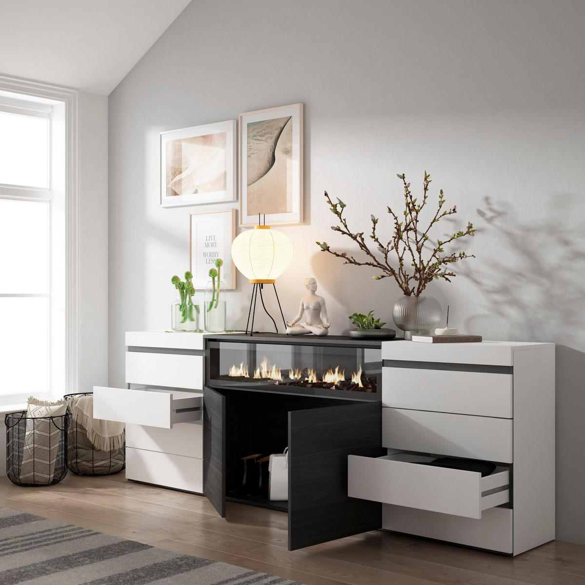 KOMMODE mit Schubladen, Elektrokamin, weiß und schwarz, 214/35/75cm - Schwarz/Weiß, Holzwerkstoff (214/75/35cm) - Skraut Home