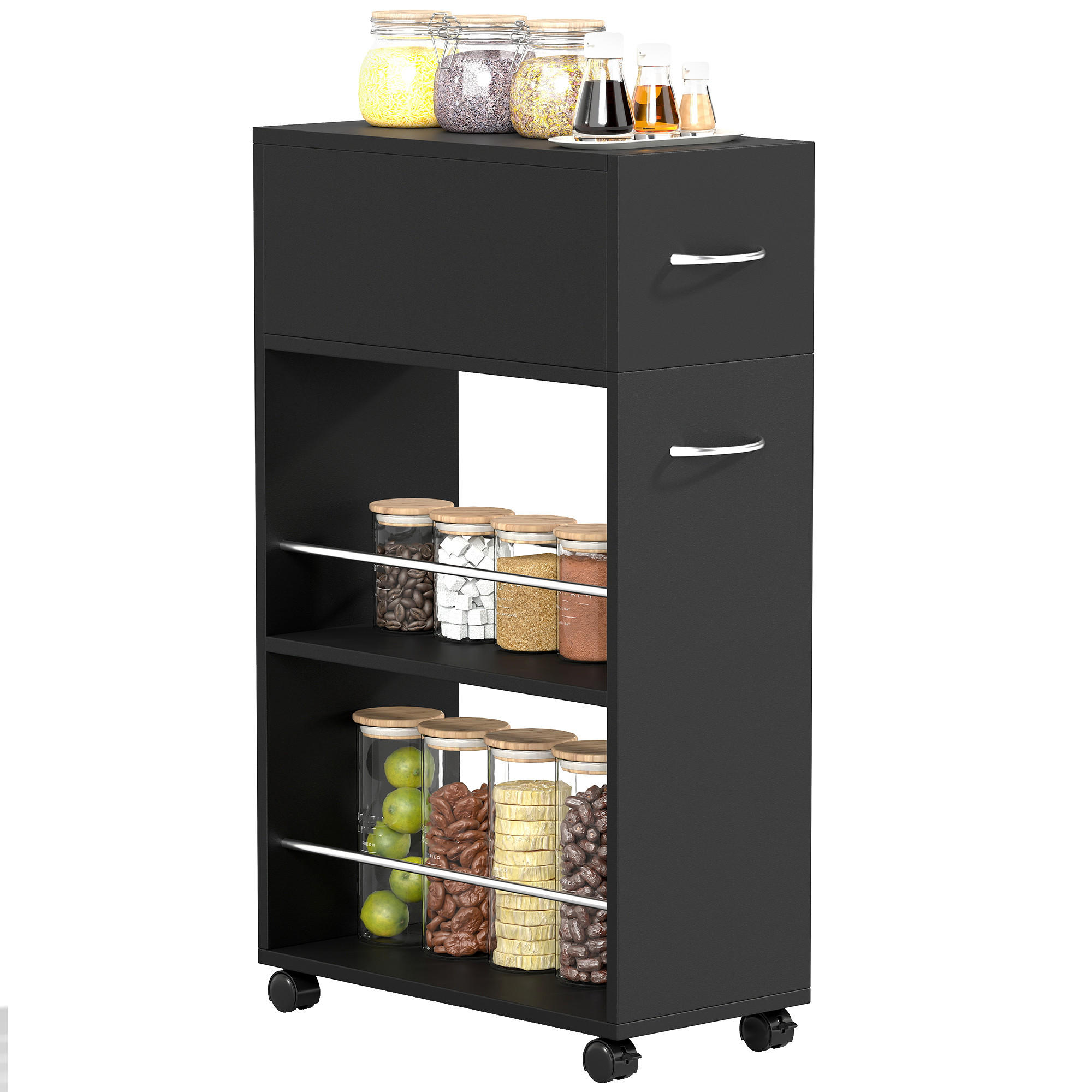 KÜCHENWAGEN DE-17134 1 Schublade & 2 offene Regale Schwarz - Schwarz, Holzwerkstoff (25/85/50cm) - ComfortXL