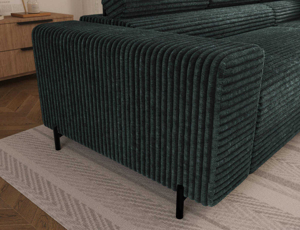 ECKSOFA COLESIO L-Form, Schlaffunktion, Bettkasten, verstellbare Kopfstützen, Wellenfederung, Metallfüße, breiter Cordstoff - Dunkelgrün/Schwarz, Kunststoff/Metall (204/269cm) - Wohnideebilder