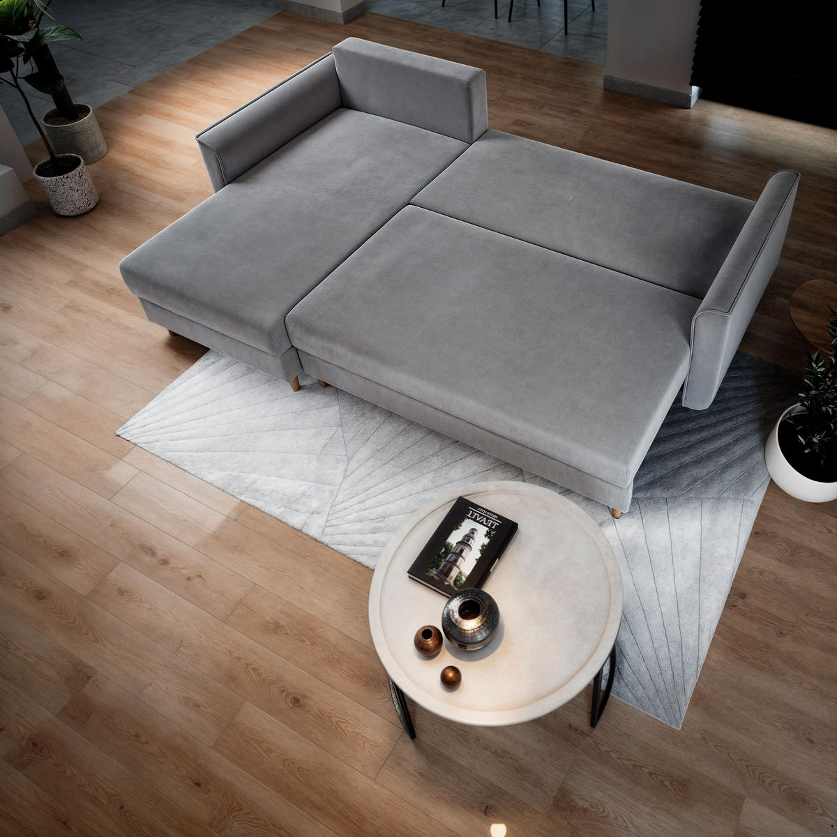 ECKSOFA PISAN R-S Rosa Plüsch-Stoff mit Schlaffunktion - Rosa, Holz (220/140cm) - MASSENO