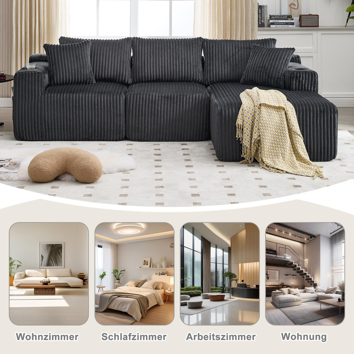 MODULARES Sofa Cord Chaiselongue und 2-Sitzer mit Kissen Taschen und Getränkehaltern 257/90 160/62 cm Grau - Grau, Textil (160/257cm) - Redom