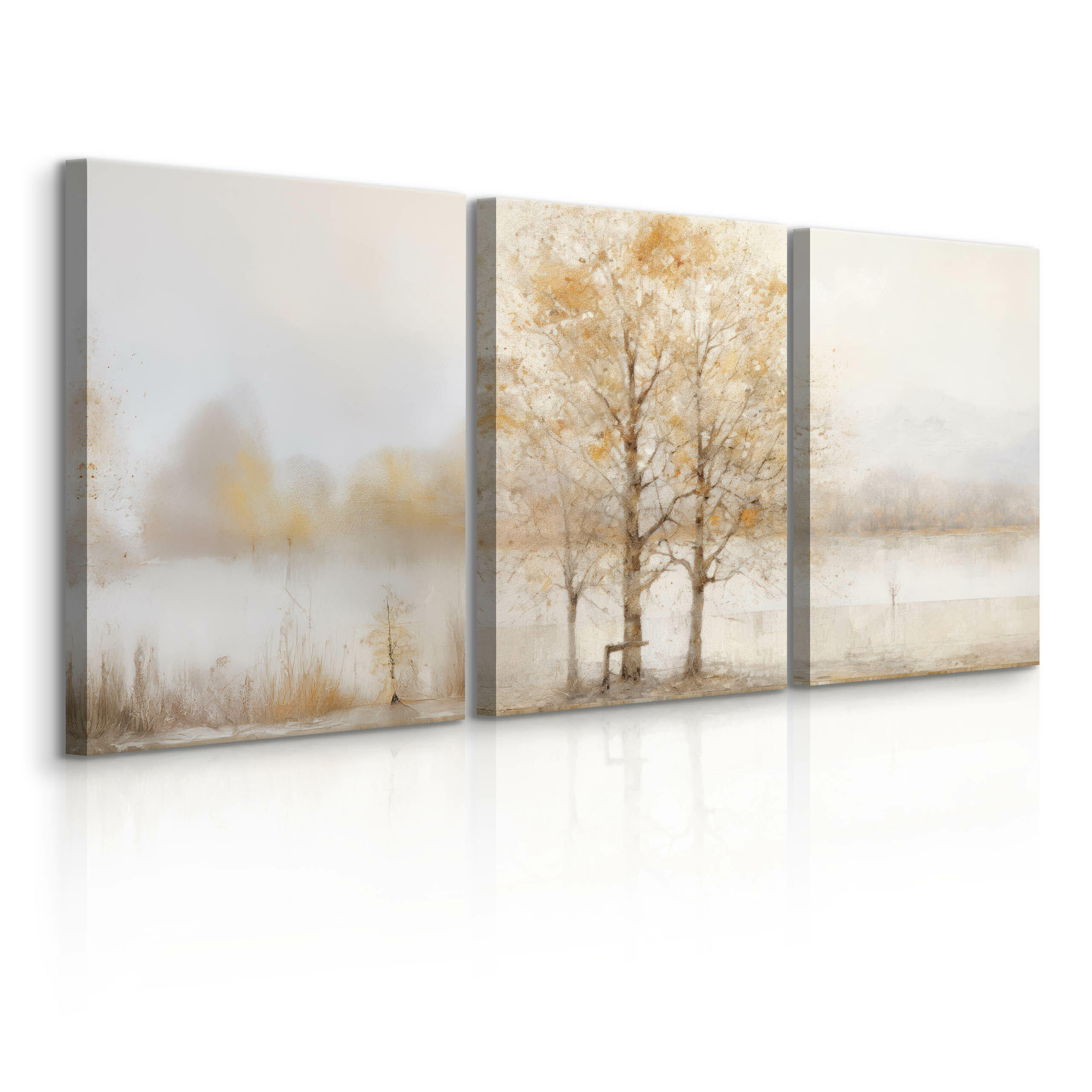 LEINWANDBILDER 3-es Set Baum Malarei - Beige/Weiß, Textil (90/40cm) - Muralo
