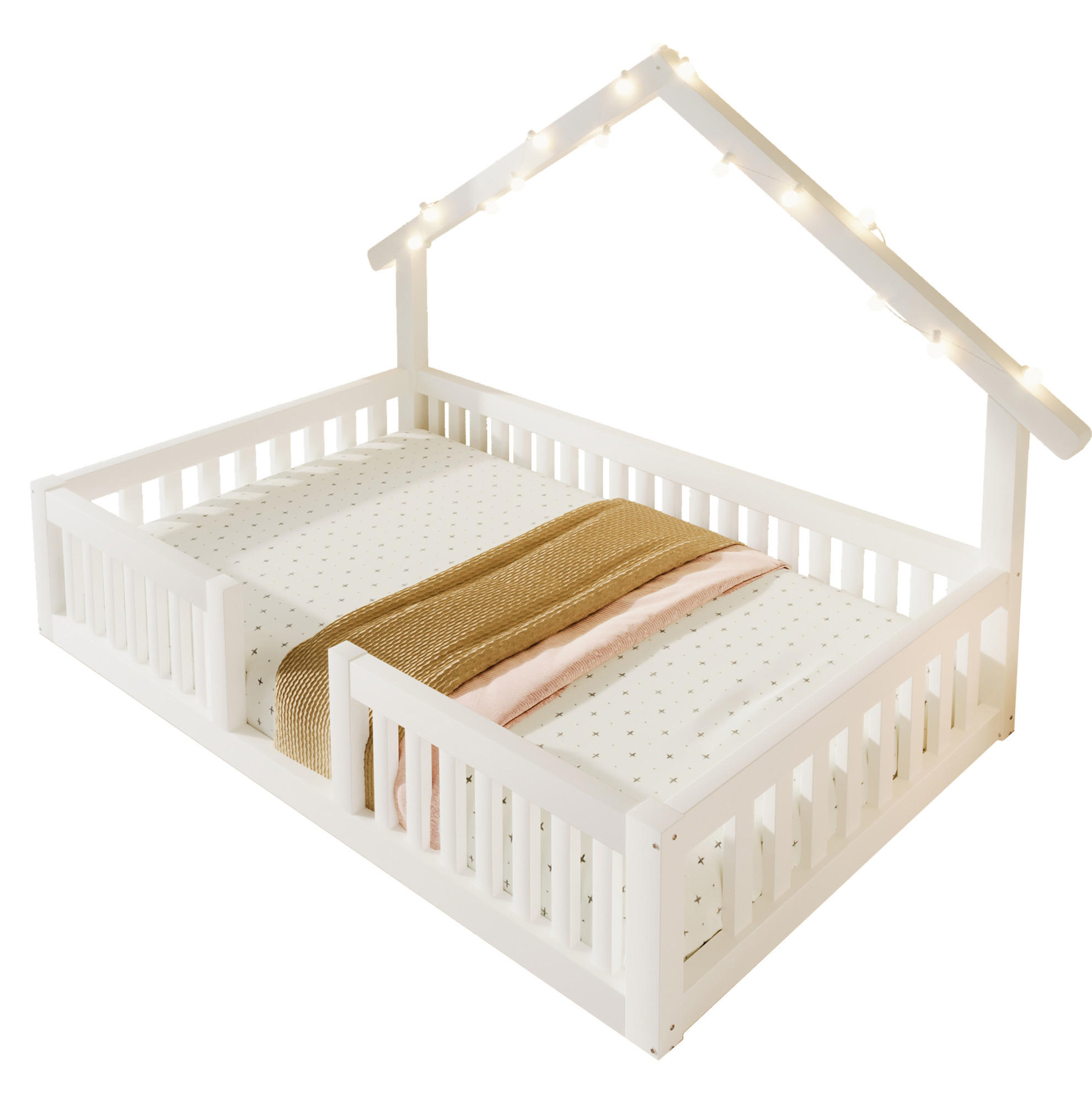 HAUSBETT 90x200 cm in Weiß mit Rausfallschutz und LED-Lichterkette - Weiß, Holz (90/200cm) - IVMEU