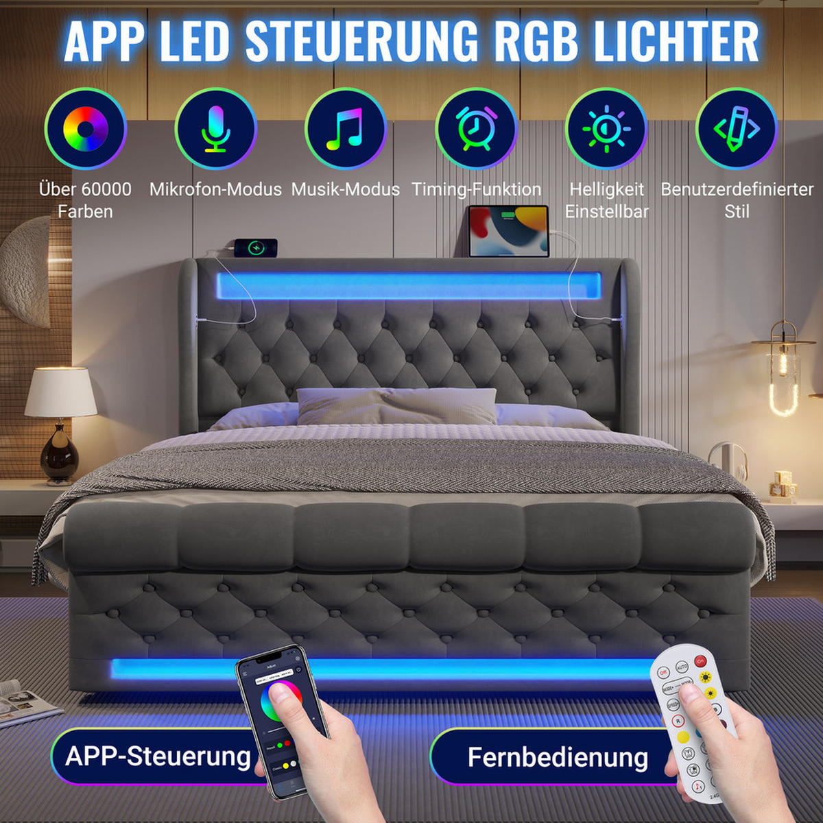 POLSTERBETT 140x200cm Doppelbett LED USB-C & Hydraulik Grau Samt - Grau, Holz (140/200cm) - FLIEKS