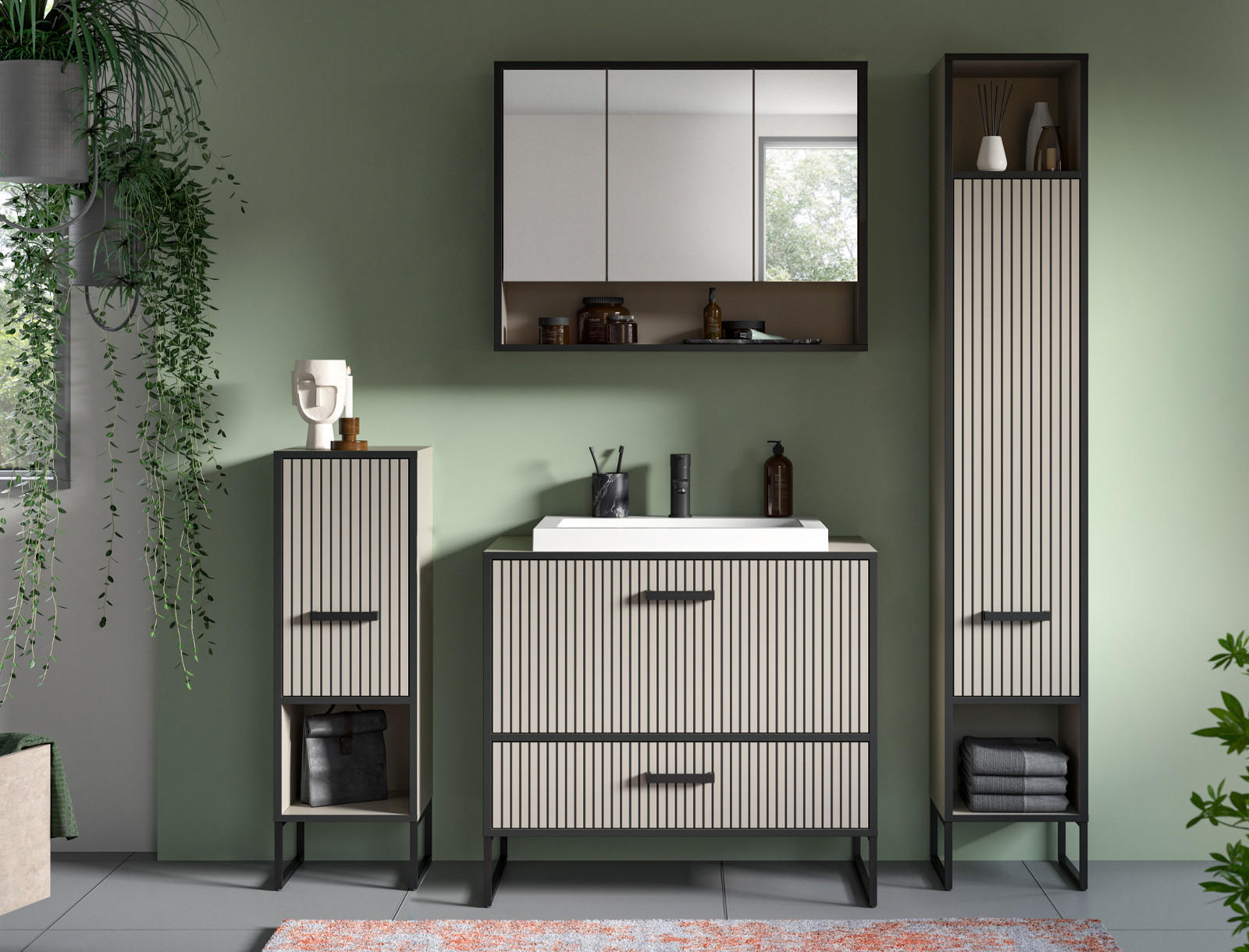 BADMÖBEL-SET schwarz, sand mit Waschbecken 170 cm, Kombination mit Soft-Close - Sandfarben/Schwarz, Glas/Keramik (170/192/48cm) - Inn.Furn