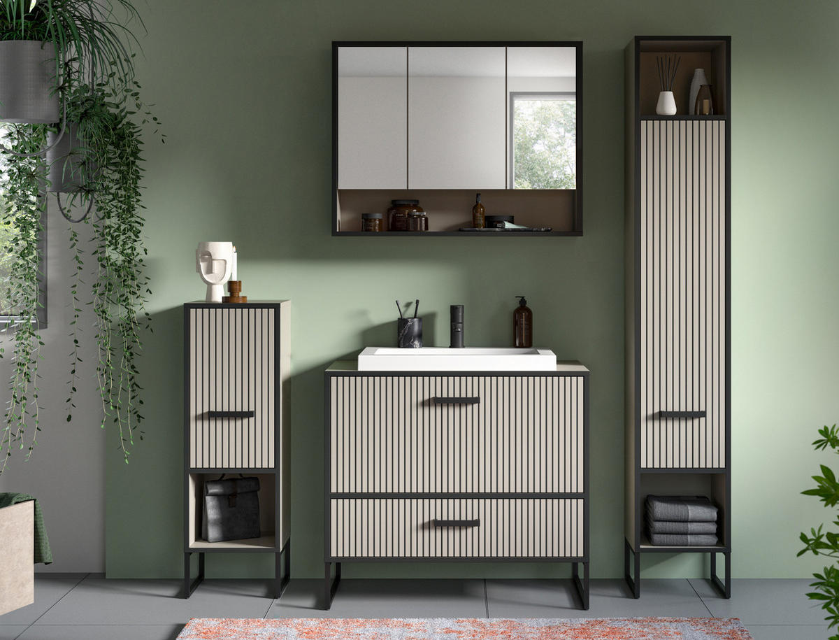 BADMÖBEL-SET schwarz, sand mit Waschbecken 80 cm, Kombination mit Soft-Close - Sandfarben/Schwarz, Glas/Keramik (80/192/48cm) - Inn.Furn