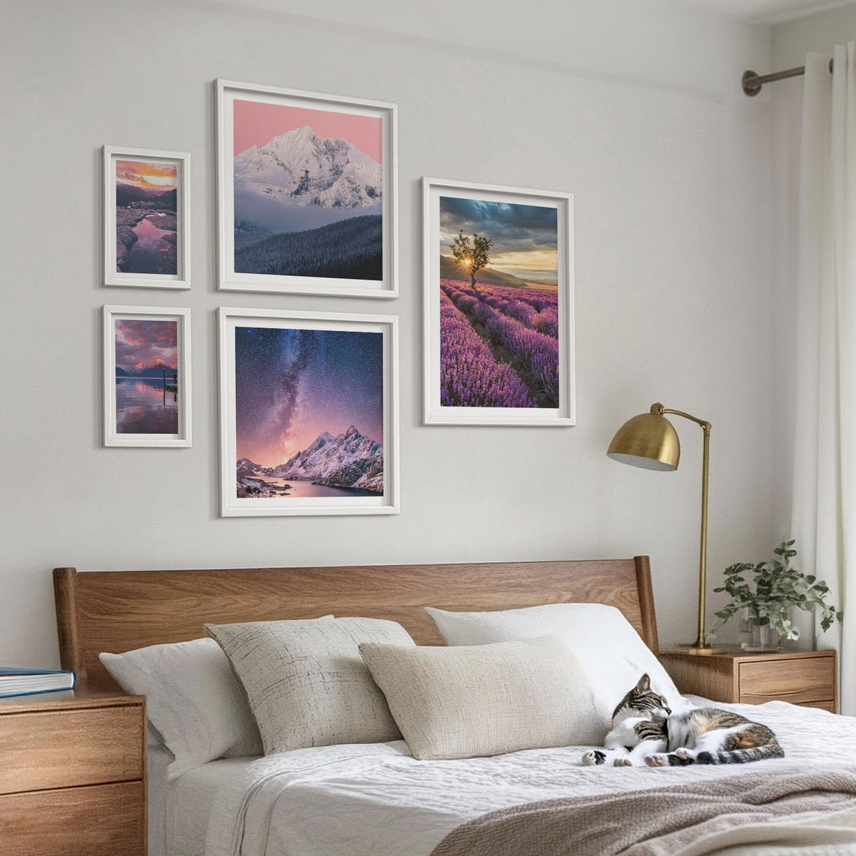 BILDER SET 5er Set - 50x50 cm & 20x30 cm & 40x60 cm Weißer Rahmen - Nachtstädte mit Neonlichtern - Weiß, Kunststoff (40/60cm) - TULUP