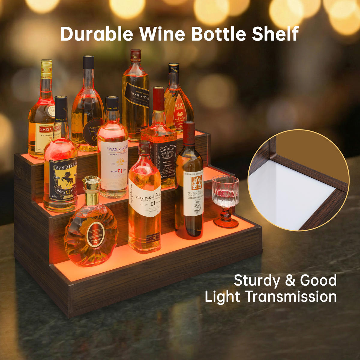 WEINREGAL 61/31/28 cm, Nussbaumfarben, Verbundholz, LED beleuchtet, App & Fernbedienung, 3-stufig, freistehend - Walnussfarben, Holzwerkstoff (61/28/31cm)