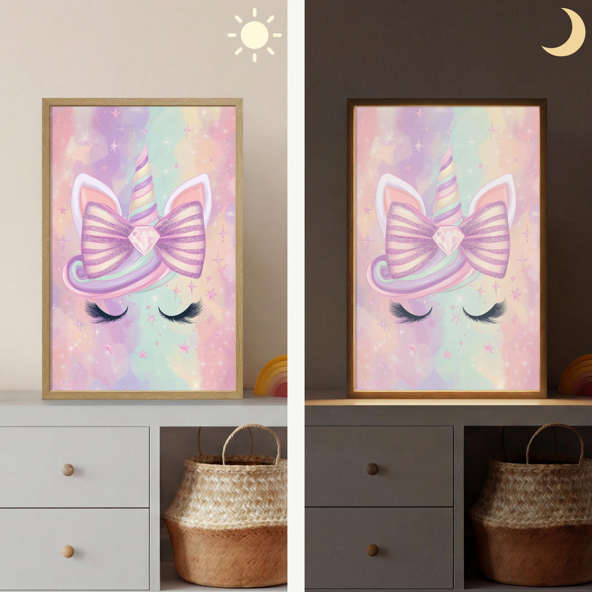 NÁSTĚNNÁ LAMPA S AKUMULÁTOREM Jednorožec - Třpytky - Duha - Pastelové barvy 40x60 cm - světle růžová, kompozitní dřevo (40/60/8cm) - OnlyWow