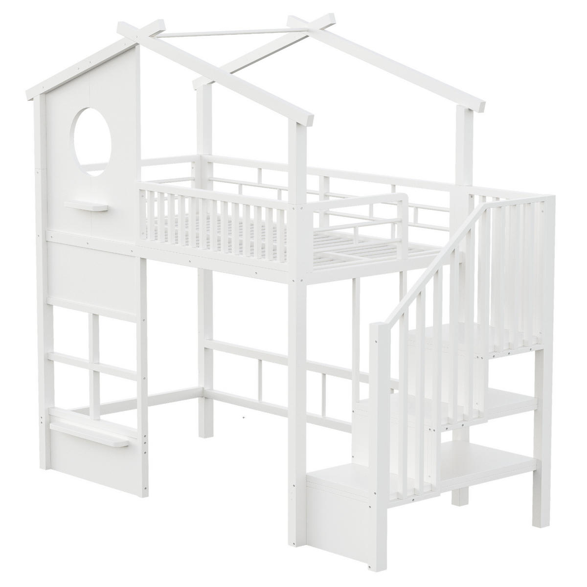HOCHBETT aus Metall 90x200 cm Weiß mit Stauraumtreppe, LED-Beleuchtung und hohem Geländer - Weiß, Metall (90/200cm) - Modfu