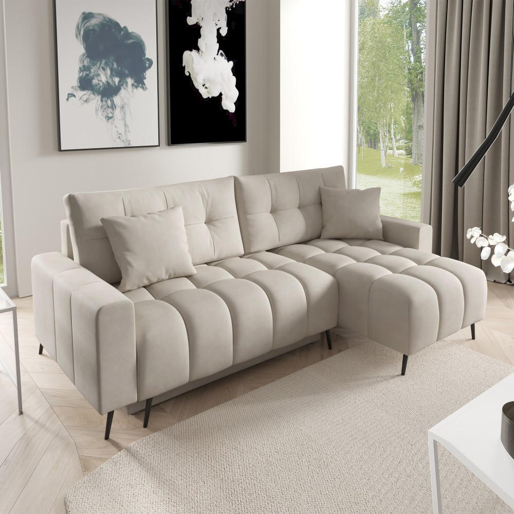 ECKSCHLAFSOFA Denver im Veloursstoff, Beige - Beige/Schwarz, Textil (232/148cm) - Beautysofa
