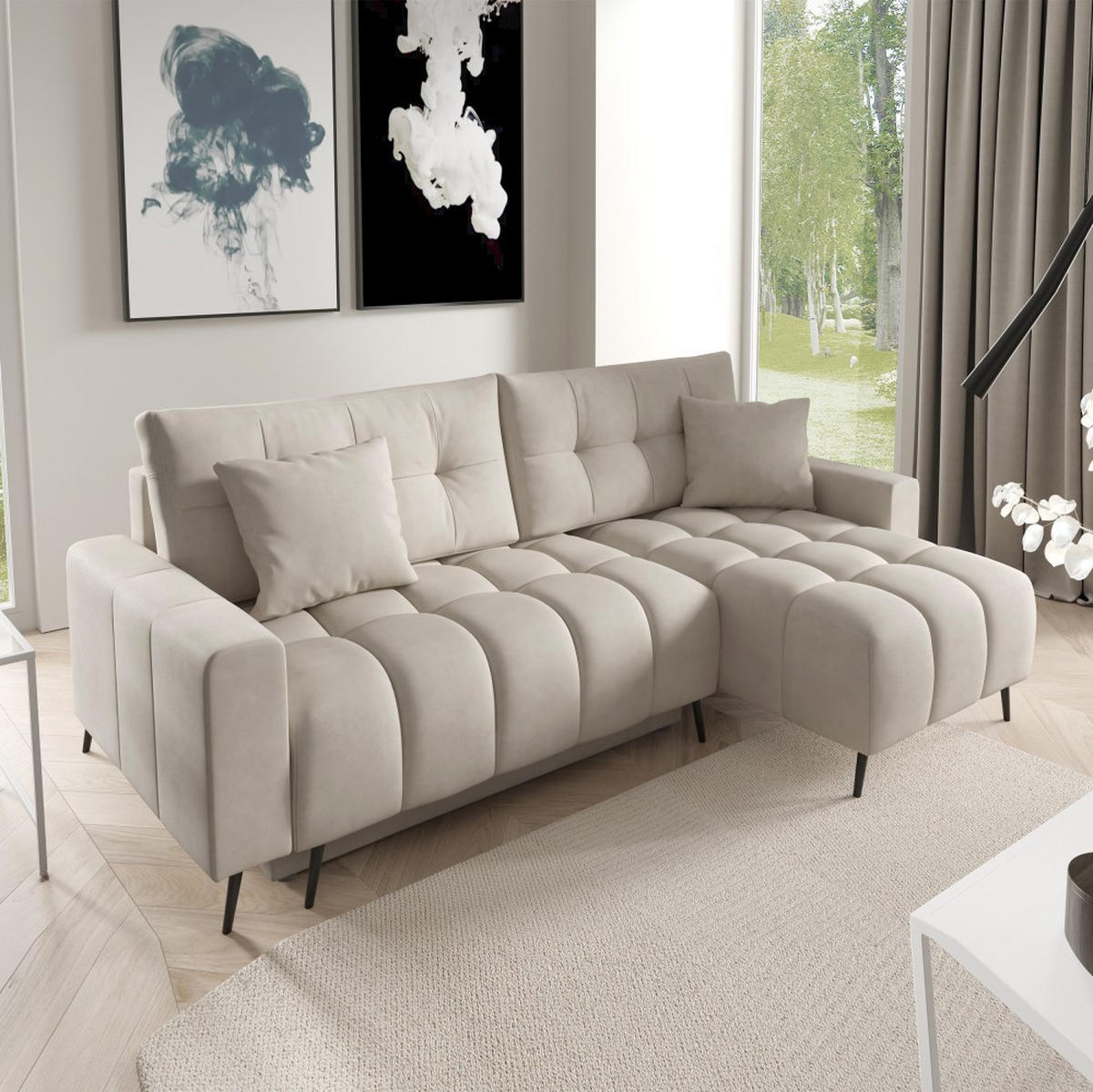 ECKSCHLAFSOFA Denver im Veloursstoff, Beige - Beige/Schwarz, Textil (232/148cm) - Beautysofa