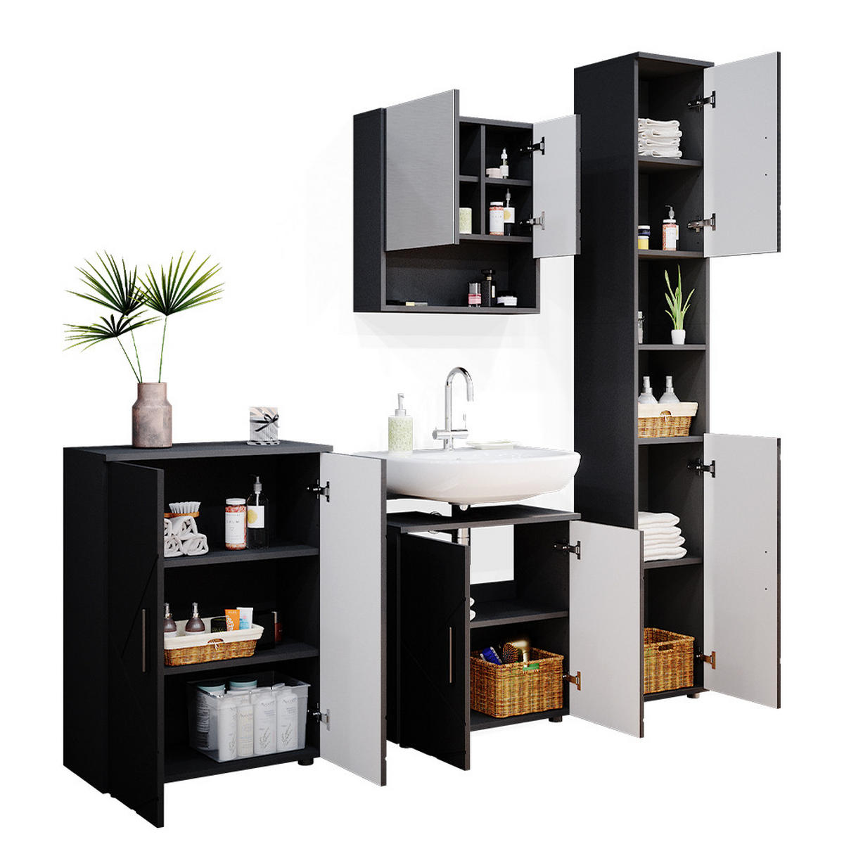 BADMÖBEL-SET Irma Anthrazit Hochglanz 4 Teile mit Hochschrank und Kommode - Anthrazit, Holzwerkstoff (80/58.6/41cm) - Vicco