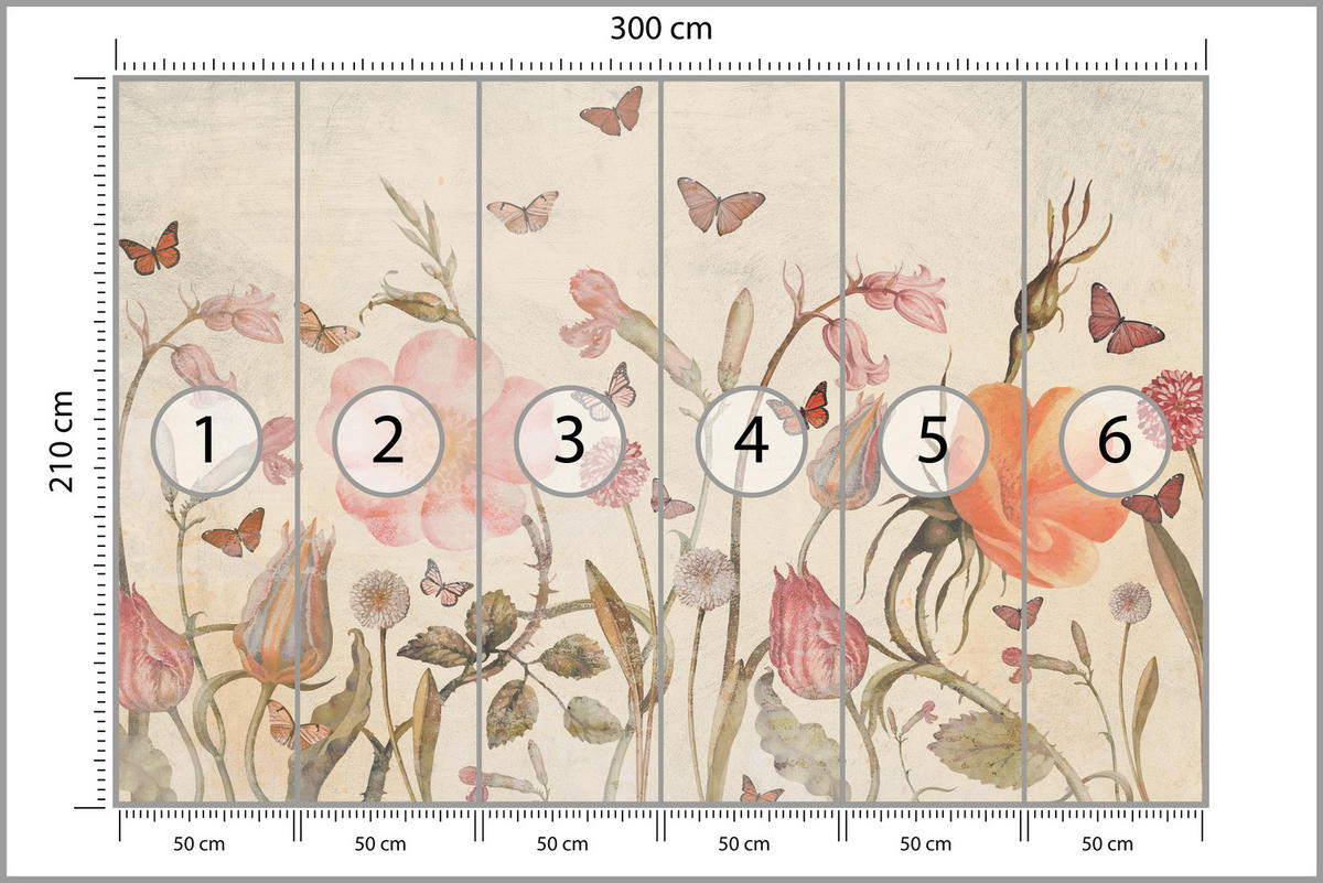 FOTOTAPETE für Kinderzimmer Wiesenblumen Aquarell Schmetterlinge Boho 300x210 - Beige/Rot, Papier (300/210cm) - Muralo