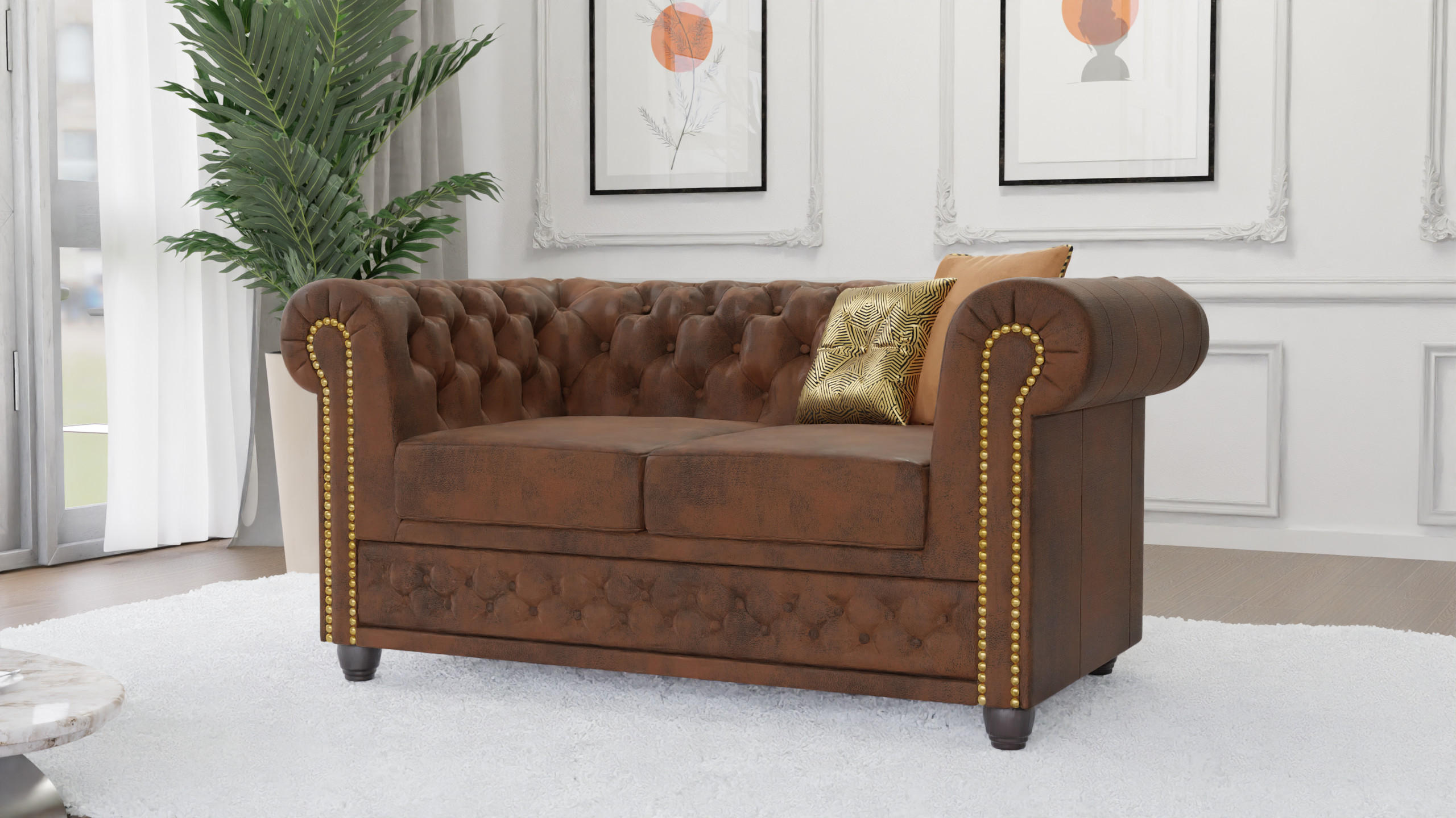 CHESTERFIELD-SOFA 2-sitzer Flux Braun Microfaser Vintageoptik - Braun, Holz/Textil (148/72/86cm) - S-Style Möbel