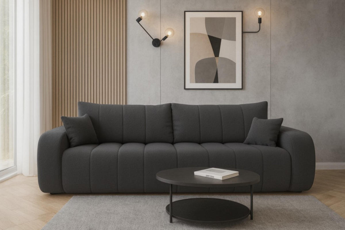 SOFA Grau ALOO Ausziehbar Mit Dekokissen Bezogen Mit Bouclé-Stoff - Grau, Textil (248/88/105cm) - Sepro Meble