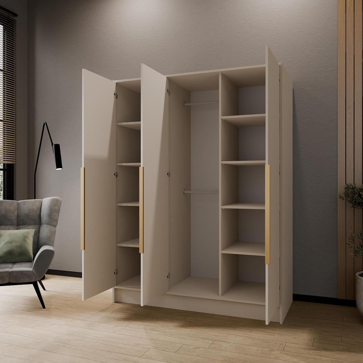 DREHTÜRENSCHRANK Pavia ohne Spiegel, Kaschmir mit goldenen Griffen, 150 cm - Kaschmir/Goldfarben, Holzwerkstoff (150/200/51cm) - Beautysofa